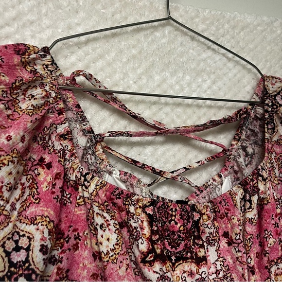 TORRID Crinkle Gauze Cris Cross Back Top Pink & Brown Peplum Cinched Waist Shirt - Picture 9 of 13